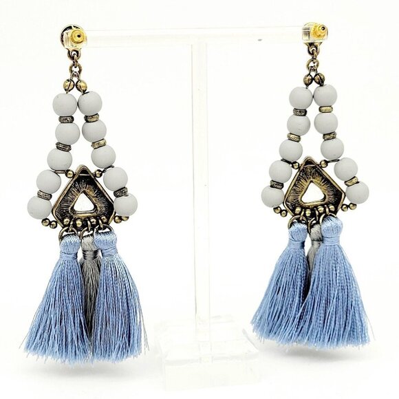 Long Boho Beaded Tassel Earrings Blue Gray Dangles Antiqued Gold Tone Pierced - Picture 5 of 5